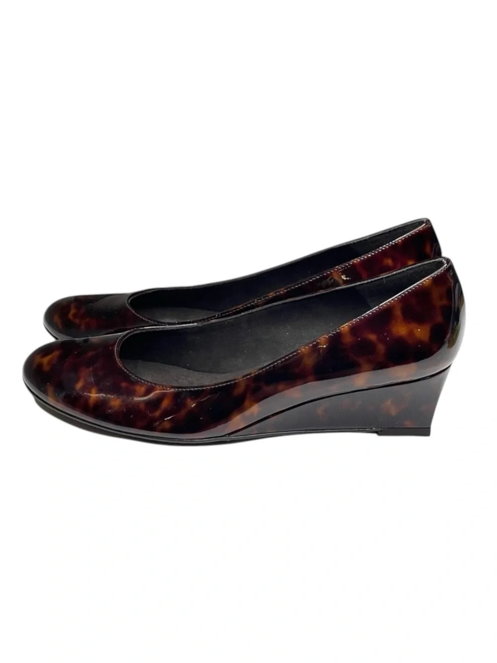 new Stuart Weitzman ᪥ Nusimple Patent Demi Wedge Heel Loafer ᪥ Cognac Tortoise 7
